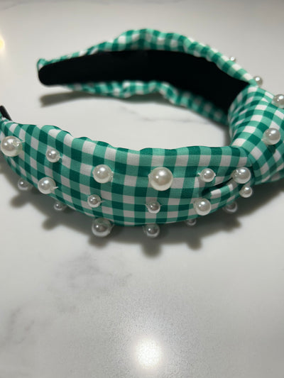 Green Check Pearl Headband