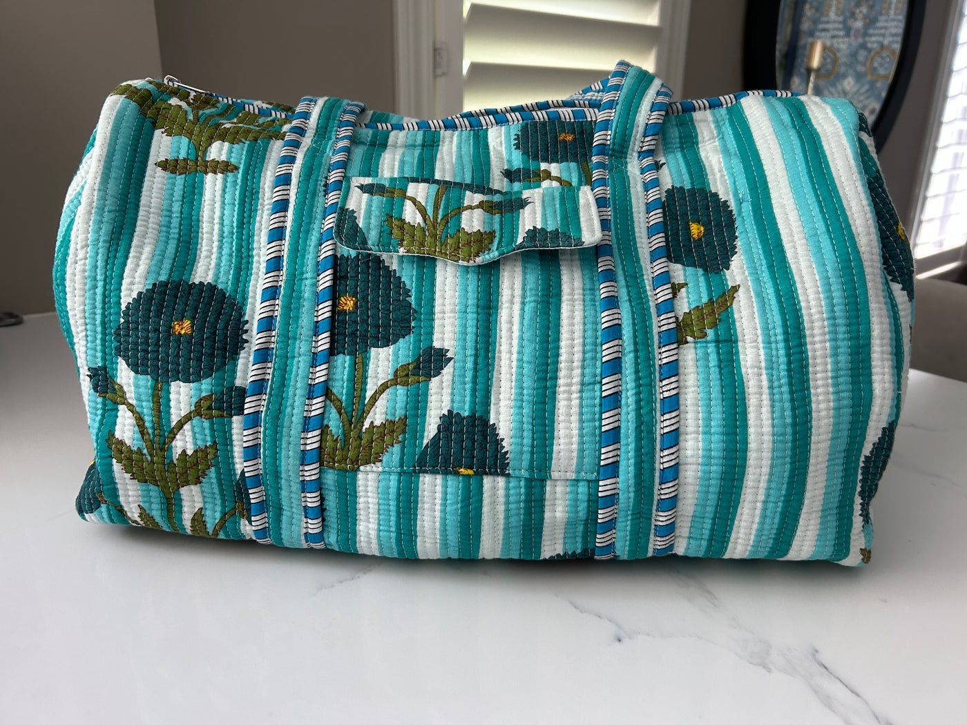 Navy Blossom Stripe Block Print Quilted Bag Collection